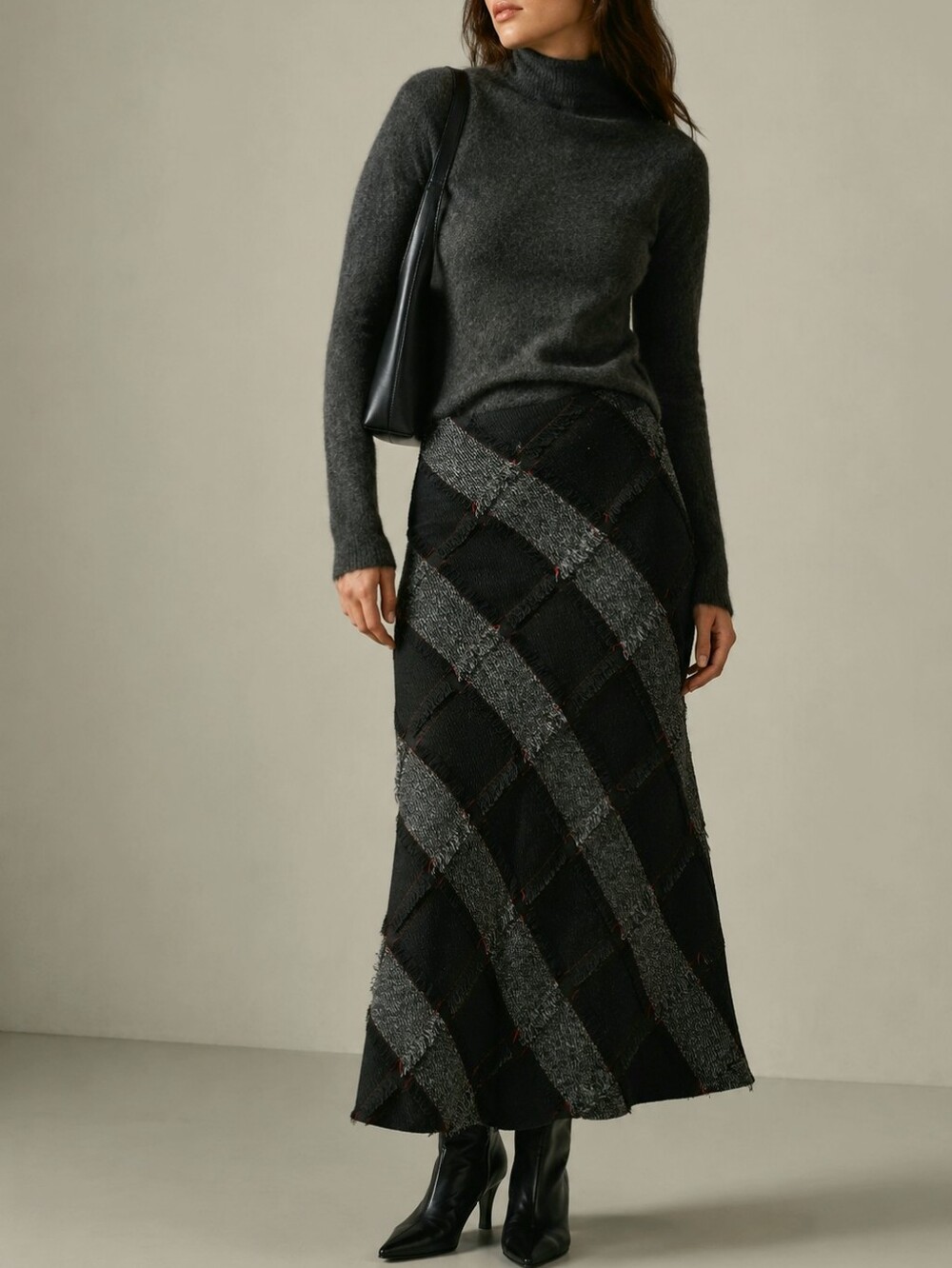 Vintage Style Black & Gray Diagonal Patchwork Grunge Goth Dark Academia Skirt